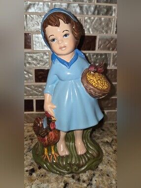 VTG 1972 Gare Blue Dress Hand-Painted Brown Hair Girl Figurine Feeding Chickens